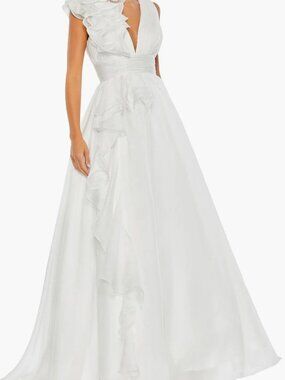 Ruffle Soft V-Neck Chiffon Wedding Dress With Slit and Built-in Cups